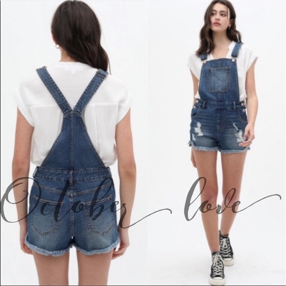 New Distressed Blue Denim Shortalls S M & L - Picture 2 of 2